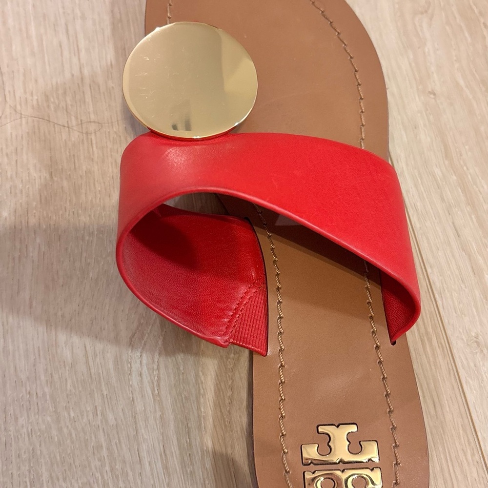 Tory Burch Red Slides with Gold Disc - Picture 3 of 6